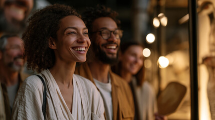 Fototapeta premium Multicultural group of zoology researchers clusters under warm museum exhibit lighting, laughing as one holds a pickleball paddle beside a bird specimen display, the playful