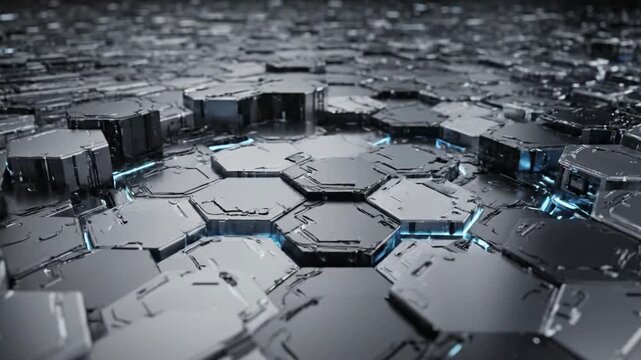 Shifting Futuristic Metallic Hexagon Surface with Glowing Blue Light