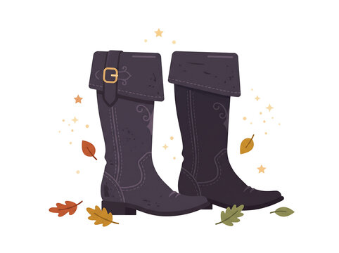 Vintage Witch Boots with Autumn Leaves &ndash; Minimal Flat Halloween Vector Illustration