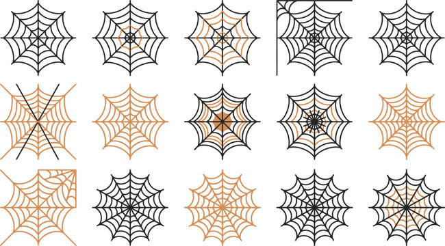 Collection of various hand drawn spider web illustrations for halloween decorations and spooky seasonal graphic design project elements