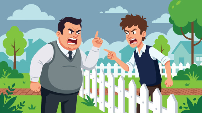 Angry neighbors having a heated verbal argument while standing on opposite sides of a white picket fence outdoor vector illustration
