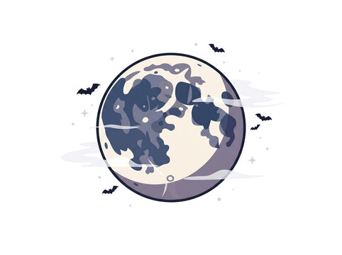Halloween Full Moon with Flying Bats Flat Vector Illustration