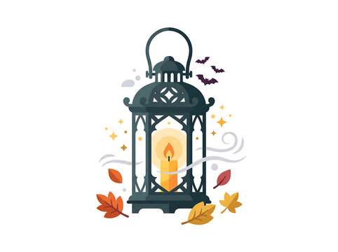 Vintage Halloween Lantern with Glowing Candle, Autumn Leaves and Bats Vector Illustration