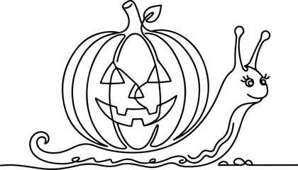 Cute snail with Halloween jack o lantern pumpkin shell continuous line art outline icon vector illustration © PNG Stock world 