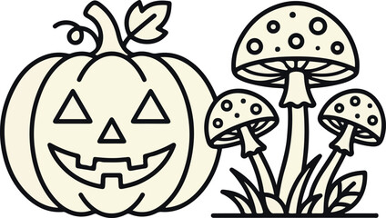 Fototapeta premium Spooky Halloween jack o lantern pumpkin with toadstool mushrooms outline icon vector illustration