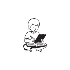 Student boy sitting on floor reading book and taking notes with learning education knowledge homework studying academic lifestyle concentrating development intellectual training schooling