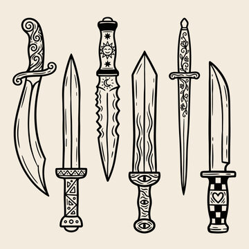 Linocut sword and dagger illustration set, doodle handle design, black ink on cream background