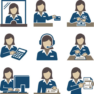 Female Bank Teller and Office Professional Icon Set for Finance