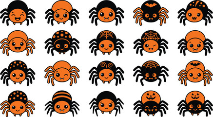 Obraz premium Set of cute cartoon spider characters with various expressions for halloween party decorations and festive seasonal graphic design projects