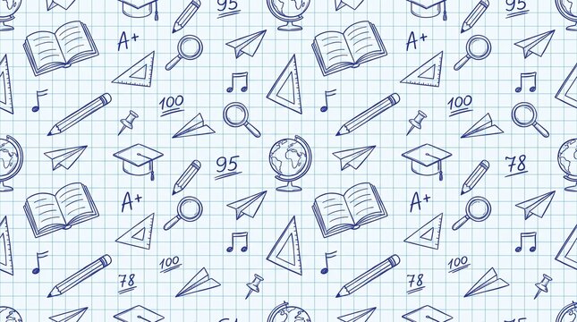 Seamless pattern with hand drawn school supplies and education icons on grid paper