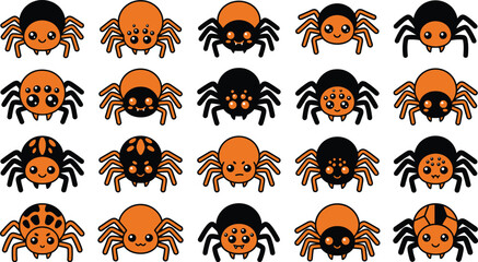 Obraz premium A collection of cute cartoon spider illustrations in orange and black colors perfect for a fun halloween party design