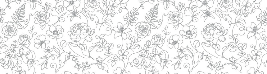 Fototapeta premium Hand-drawn floral pattern, delicate line art botanical design