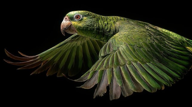 Parrot profile captures the intense gaze and detailed wing structure of a tropical bird in flight.