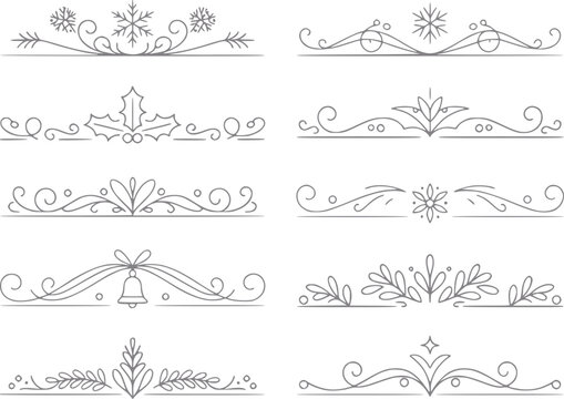 Colecci&oacute;n de divisores y florituras decorativas con tem&aacute;tica de navidad e invierno para festividades