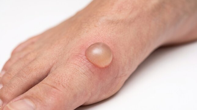 Close up of large clear fluid filled friction blister on top of human foot