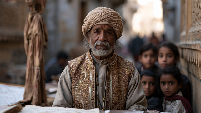 Rajasthani puppet maker in embroidered waistcoat hangs new kathputli marionette beside family marine chart navigation display, children clustered around workshop table in busy