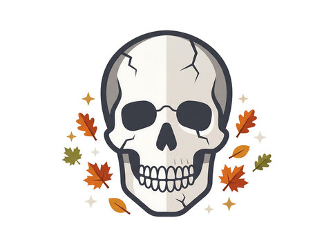 Halloween Human Skull with Autumn Leaves &ndash; Spooky Skeleton Head Vector Illustration Isolated on White
