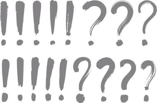 Colecci&oacute;n de signos de exclamaci&oacute;n y de interrogaci&oacute;n grises dibujados a mano aislados sobre un fondo blanco liso