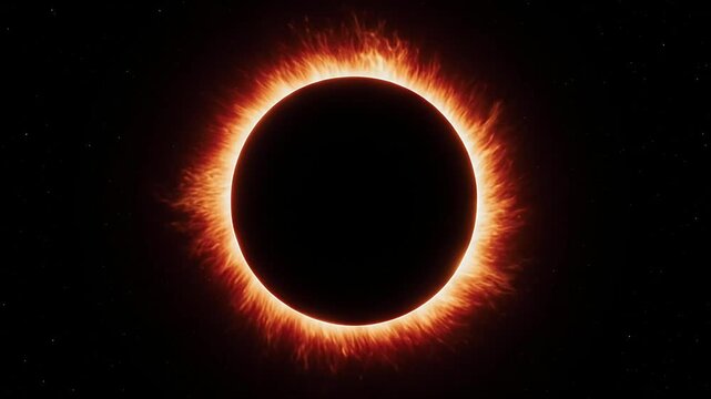 A total solar eclipse showing a glowing fiery corona surrounding the dark moon.