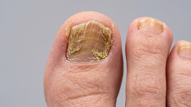 Macro photography of severe toenail fungus infection with thickened yellowed dystrophic nail