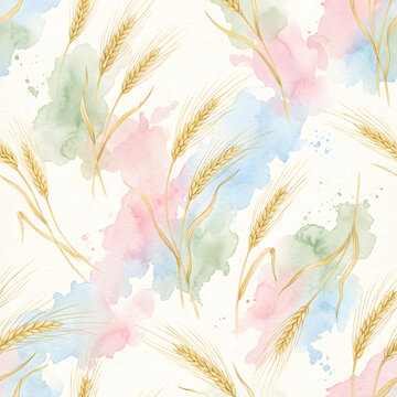 Watercolor barley stalks and foliage seamless pattern background