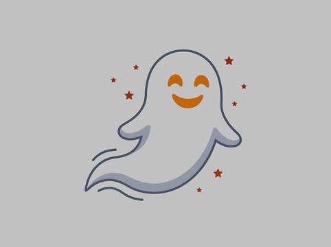 Cute Happy Halloween Ghost Cartoon Icon with Smiling Face and Stars Isolated on Gray Background Minimal Flat Vector Illustration
