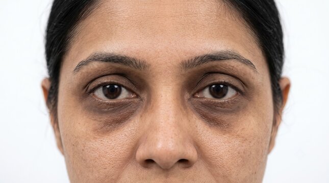 Frontal view close up portrait of woman with dark circles under eyes and hyperpigmentation