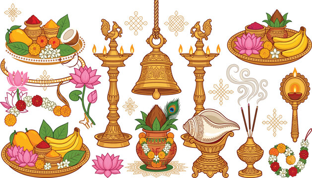 Vector collection of traditional Hindu pooja elements, brass lamps, kalash, and floral offerings for Indian festivals