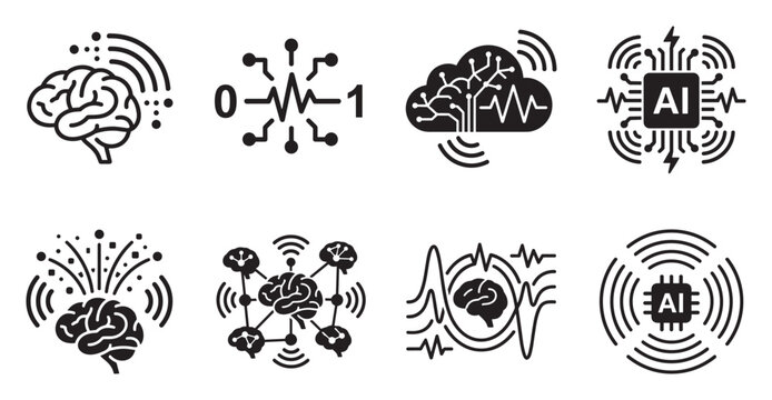 Artificial intelligence concept icons brain signal digital data and cloud connection graphics.