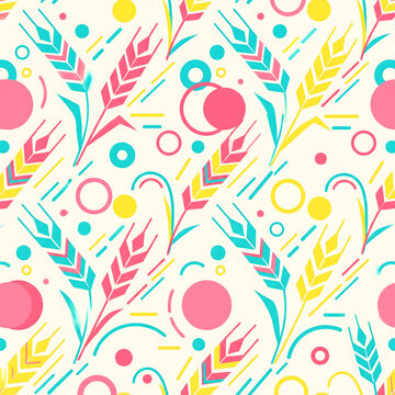 Colorful modern geometric seamless pattern with abstract barley stalks and wheat motifs