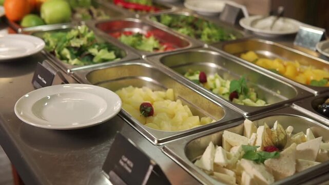 Fresh salad bar and buffet food display in a restaurant