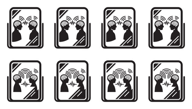 Communication icons showing two profiles in mirror reflecting thoughts and ideas for dialogue.