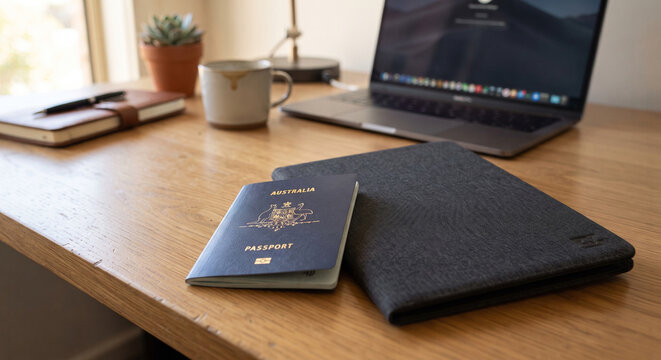 Australian Passport and Document Folder on a Wooden Desk with Laptop in Background