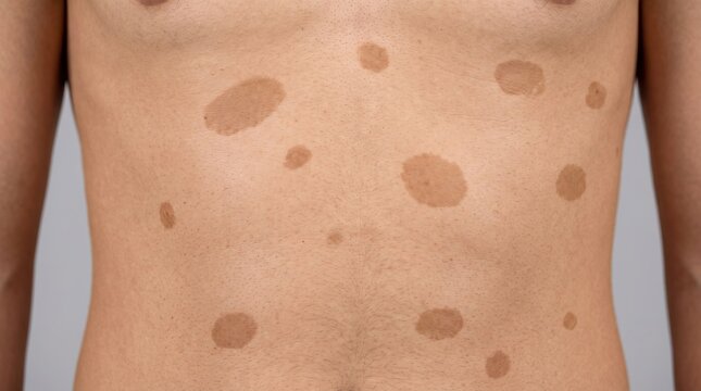 Front view of male torso showing multiple cafe au lait macules hyperpigmented skin spots
