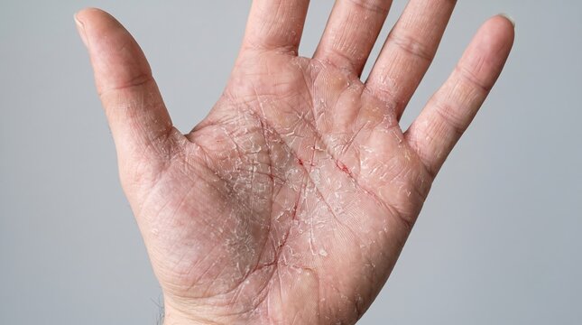 Open palm view of severe palmar eczema with dry cracked skin and painful fissures