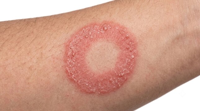 Close up shot of ringworm tinea corporis fungal skin infection rash with active border on forearm