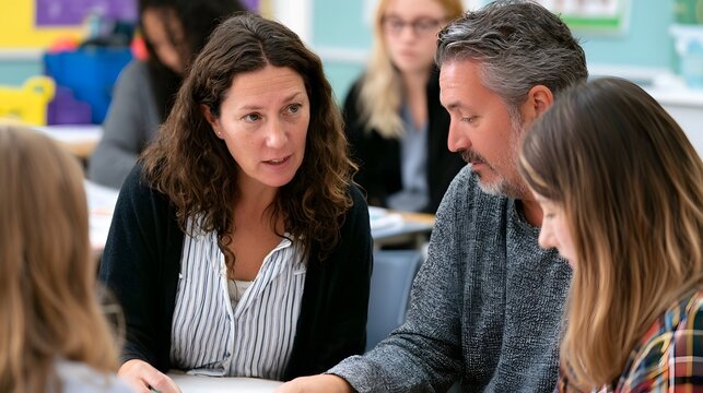 Adults engaged in discussion around a table in an educational setting with students present