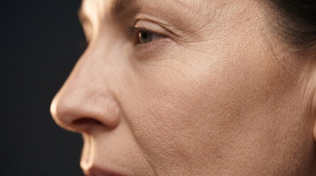 Side view profile portrait of middle aged woman face displaying subtle aging wrinkles and skin texture