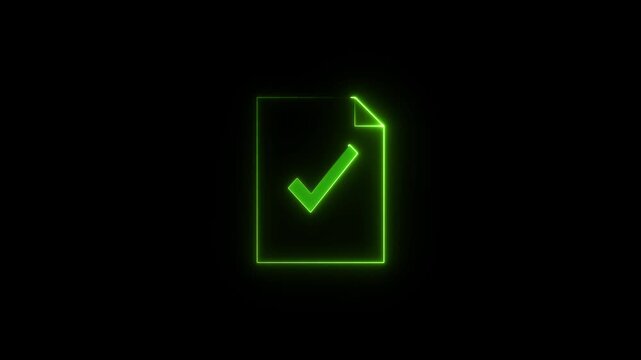 Neon Green Document Icon Animation with Checkmark Symbol on Black Background