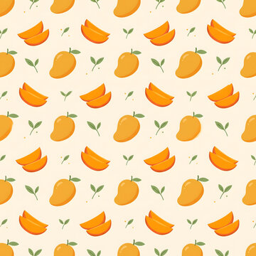 Minimalist seamless pattern with fresh mango slices, whole mangoes, and polka dots