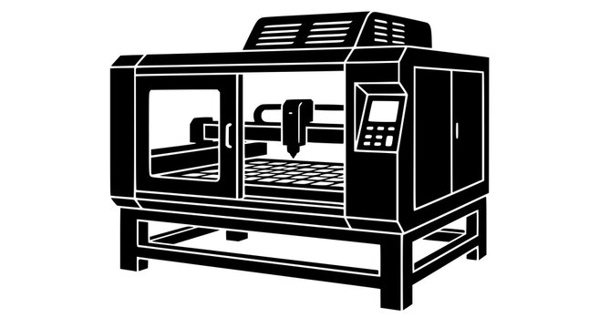 Industrial CNC Laser Cutting Machine Black Vector Silhouette for Smart Factory Manufacturing Engineering Workshop and Automation Systems
