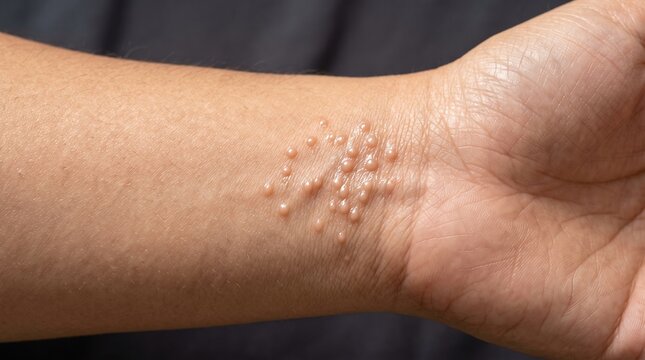 Close up view of cluster of small molluscum contagiosum viral papules on inner wrist