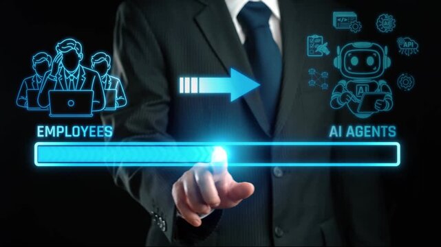 Transition from Human Employees to Intelligent AI Agents in Modern Workplace Setup with Futuristic Technology Integration and Automation Concepts. Liminal.