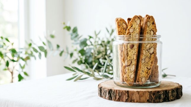 Traditional crunchy almond biscotti cantucci cookies in glass jar on rustic wood slice holder with eucalyptus leaves background, ideal for cafe menus and food blog breakfast content recipes today now.