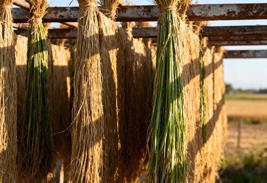 Harvested green and dried jute plant bundles hanging on wooden frames for sun drying outdoors