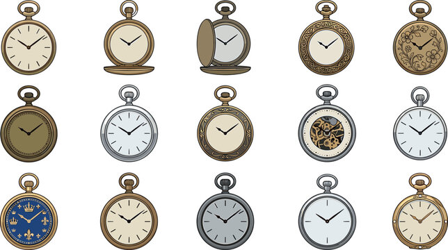 Vintage pocket watch vector illustration collection featuring classic antique timepieces ornate golden casings and open mechanism gears on white background