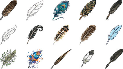 Vintage quill pen and feather vector icons set featuring classic writing nibs calligraphy tools and artistic elements © ALOMGIR