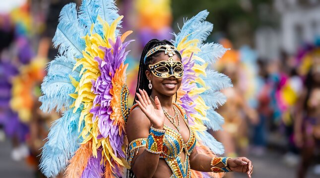 Women in colorful feather costumes wave and smile during a street parade at the Carnival. 