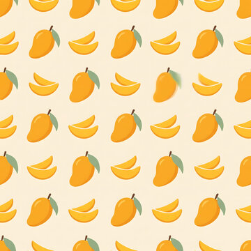 Minimalist seamless pattern with fresh mango slices, whole mangoes, and polka dots