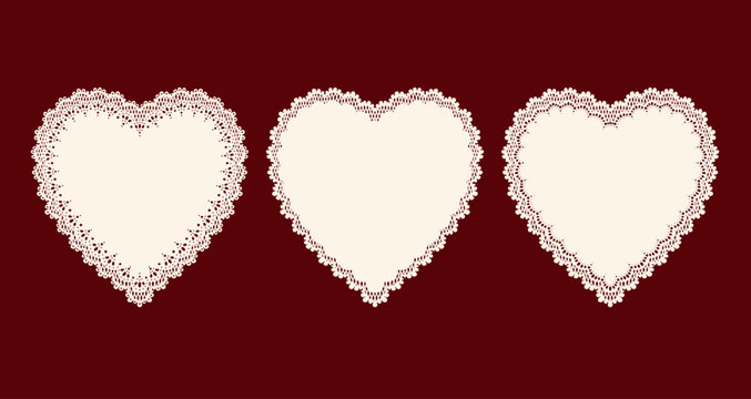 Hand drawn vintage lace doily hearts with delicate openwork edges. Blank romantic frame templates for a February valentine celebration. Premium vector bundle for aesthetic wedding paper print design.